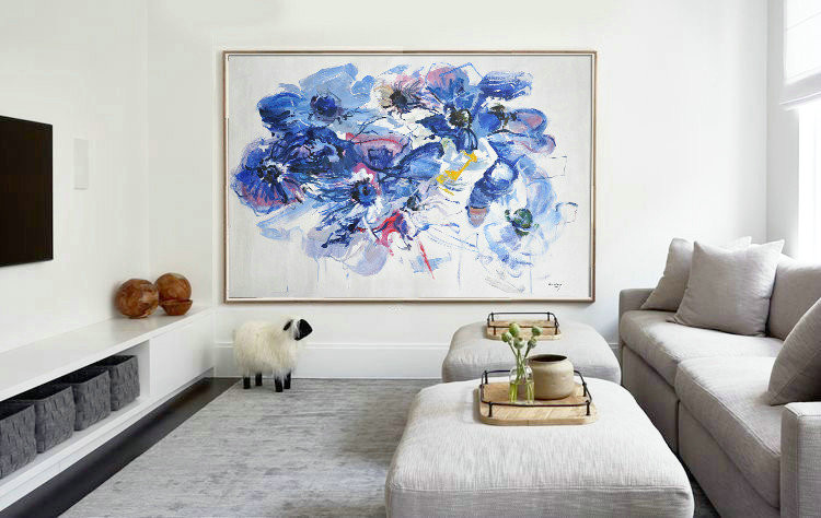 Horizontal Abstract Flower Painting Living Room Wall Art,Original Art Acrylic Painting #C3I5 - Click Image to Close