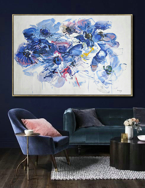 Horizontal Abstract Flower Painting Living Room Wall Art,Original Art Acrylic Painting #C3I5