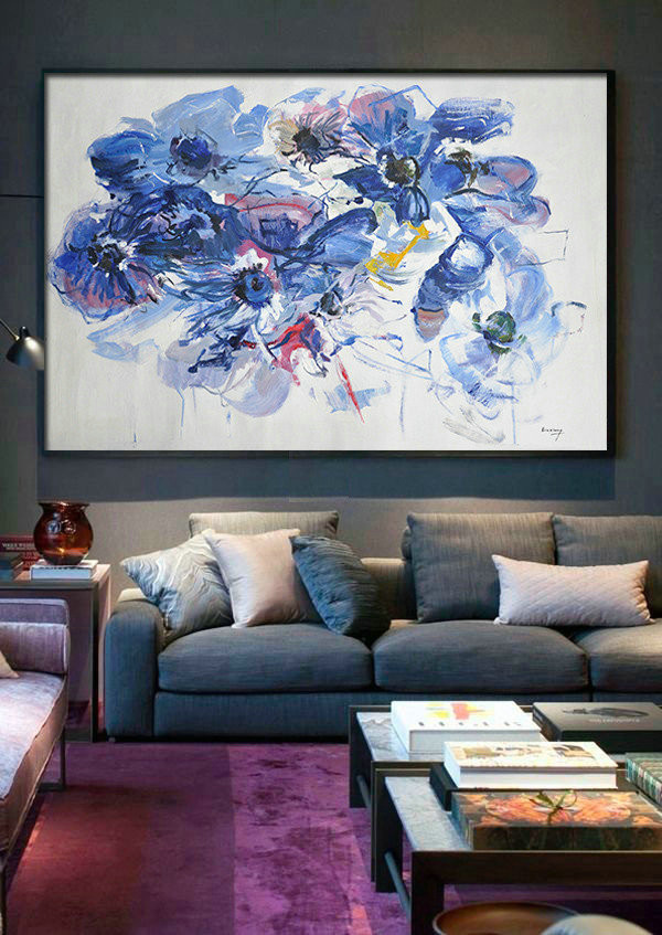 Horizontal Abstract Flower Painting Living Room Wall Art,Original Art Acrylic Painting #C3I5